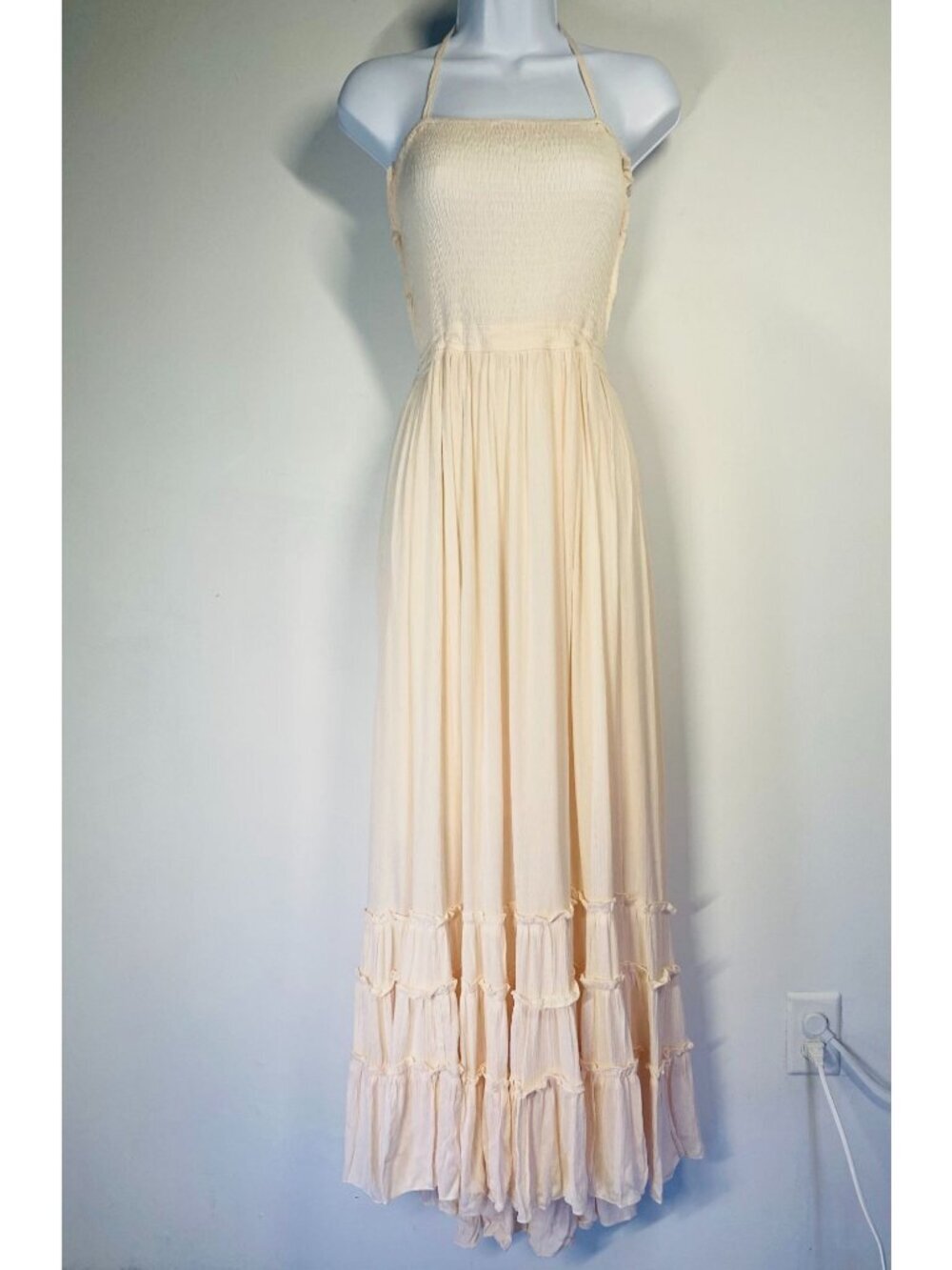 NEW Small Boho Cream Halter Maxi Dress With Smocked Bodice & Tiered Hem